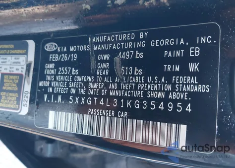 2019 Kia Optima Lx z USA, uszkodzony, nr VIN 5XXGT4L31KG354954